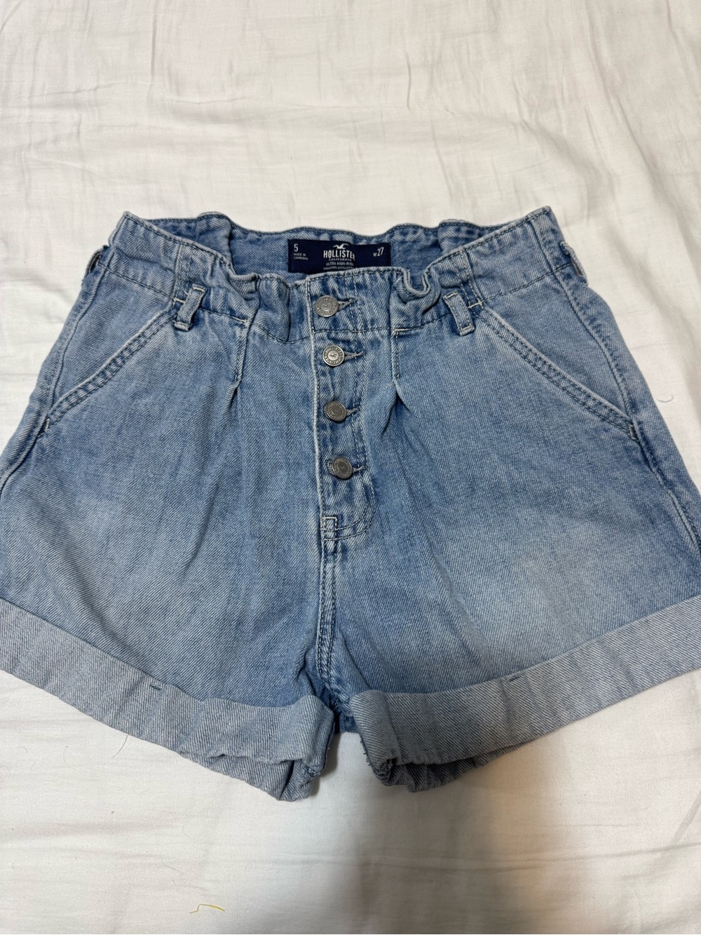 Hollister Light Wash Denim Paperbag Button-Front Shorts